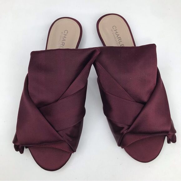 Charles David Burgundy Satin Wrap Knot Open Toe Slide Flats - Picture 5 of 14